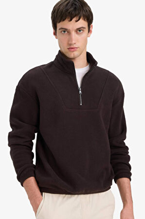 Boxy Fit Dik Yaka Yarım Fermuarlı Polar Sweatshirt 