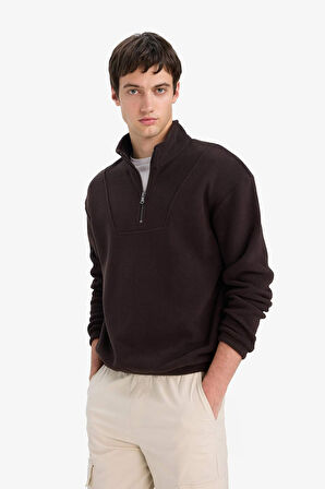 Boxy Fit Dik Yaka Yarım Fermuarlı Polar Sweatshirt 