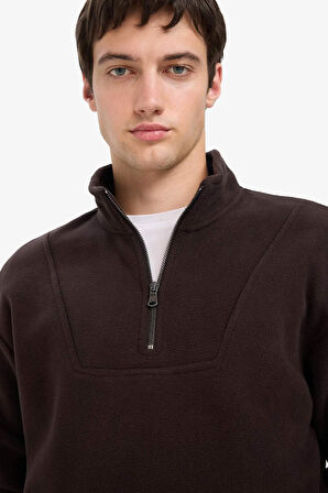 Boxy Fit Dik Yaka Yarım Fermuarlı Polar Sweatshirt 