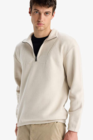 Boxy Fit Dik Yaka Yarım Fermuarlı Polar Sweatshirt 