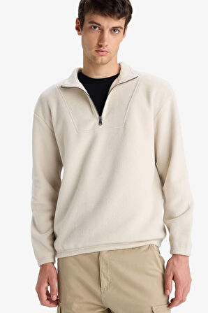 Boxy Fit Dik Yaka Yarım Fermuarlı Polar Sweatshirt 