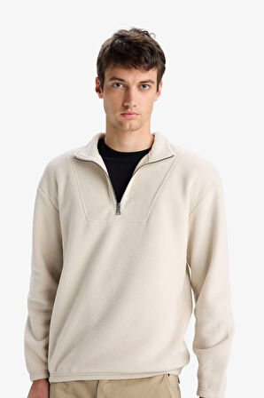 Boxy Fit Dik Yaka Yarım Fermuarlı Polar Sweatshirt 