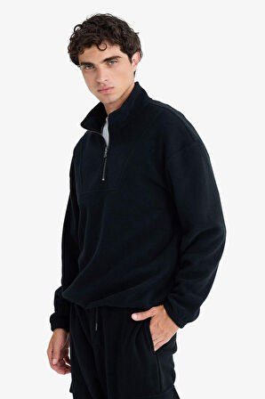Boxy Fit Dik Yaka Yarım Fermuarlı Polar Sweatshirt 
