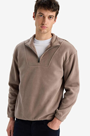 Boxy Fit Dik Yaka Baskılı Polar Sweatshirt
