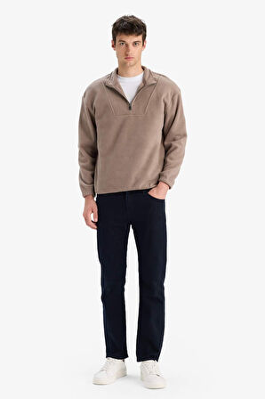 Boxy Fit Dik Yaka Baskılı Polar Sweatshirt