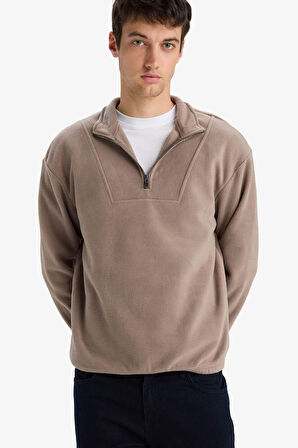 Boxy Fit Dik Yaka Baskılı Polar Sweatshirt
