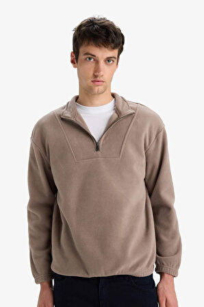 Boxy Fit Dik Yaka Baskılı Polar Sweatshirt