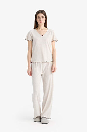 DeFacto Pijama Takımı Kısa Kollu Üst Esnek Belli Uzun Altı-Fall in Love E9229AX25SPBG588