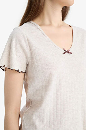 DeFacto Pijama Takımı Kısa Kollu Üst Esnek Belli Uzun Altı-Fall in Love E9229AX25SPBG588