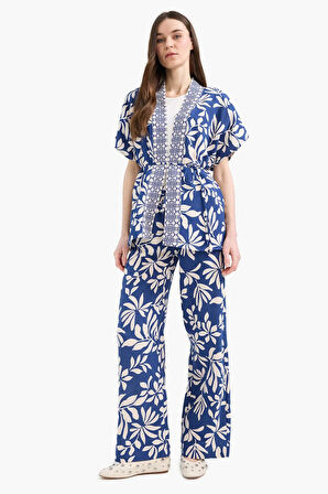 Regular Fit Desenli Cep Detaylı Düz Paça Keten Karışımlı Pantolon