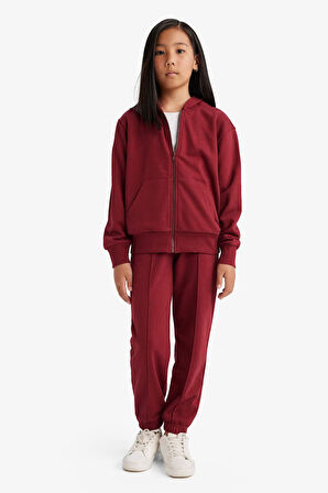 Kız Çocuk Basic Düz Kapüşonlu Fermuarlı Sweatshirt 