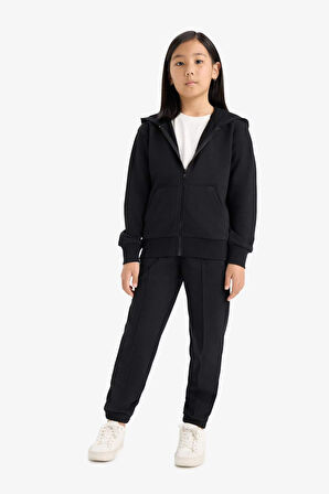 Kız Çocuk Basic Düz Kapüşonlu Fermuarlı Sweatshirt 