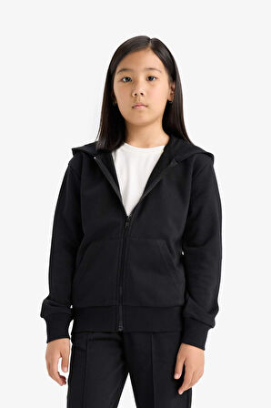 Kız Çocuk Basic Düz Kapüşonlu Fermuarlı Sweatshirt 