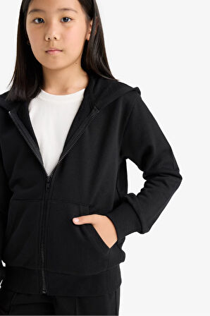 Kız Çocuk Basic Düz Kapüşonlu Fermuarlı Sweatshirt 