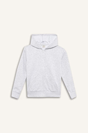 Kız Çocuk Basic Düz Kapüşonlu Okul Fermuarlı Sweatshirt