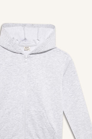 Kız Çocuk Basic Düz Kapüşonlu Okul Fermuarlı Sweatshirt
