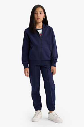 Kız Çocuk Basic Düz Kapüşonlu Fermuarlı Sweatshirt 