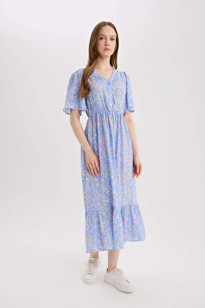 Regular Fit V Yaka Kısa Kollu Midi Elbise