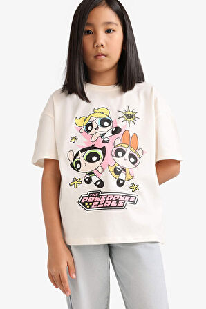 Kız Çocuk PowerPuff Girls Oversize Geniş Kalıp Bisiklet Yaka Kısa Kollu Tişört