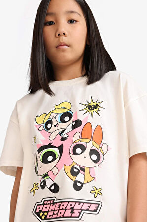 Kız Çocuk PowerPuff Girls Oversize Geniş Kalıp Bisiklet Yaka Kısa Kollu Tişört