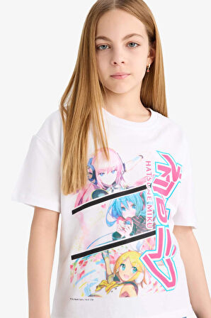 DeFacto Kız Çocuk Hatsune Miku Relax Fit Bisiklet Yaka Kısa Kollu Tişört E6516A825HSWT34