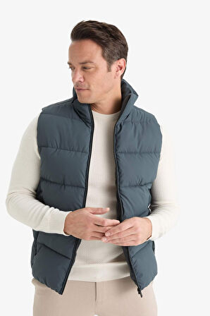 Slim Fit Dar Kesim Dik Yaka Fermuarlı Astarlı Su Geçirmez Şişme Yelek 