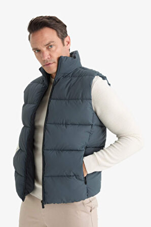 Slim Fit Dar Kesim Dik Yaka Fermuarlı Astarlı Su Geçirmez Şişme Yelek 