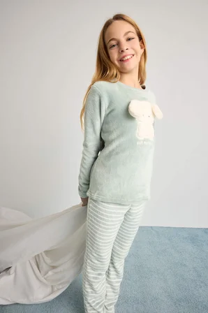 Kız Çocuk Pijama Takımı Polar Uzun Kollu Üst Uzun Alt