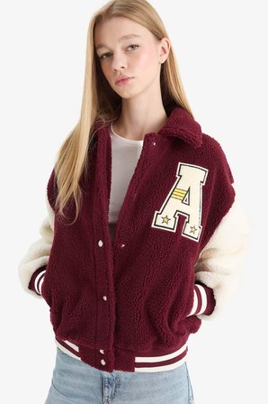 DeFacto Oversize Geniş Kalıp Polo Yaka Pelüş Bomber Ceket E9838AX25WNBR210