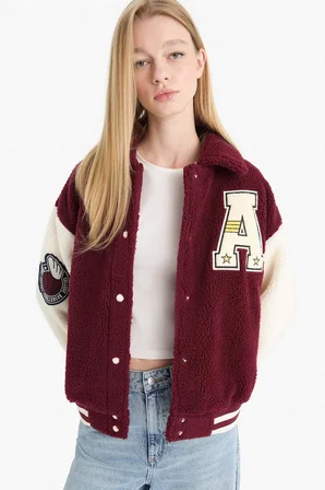 DeFacto Oversize Geniş Kalıp Polo Yaka Pelüş Bomber Ceket E9838AX25WNBR210