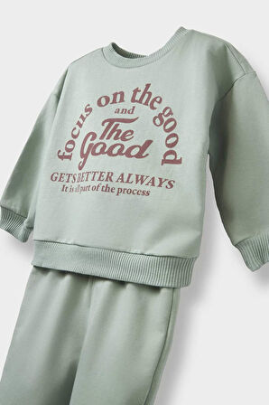 Erkek Bebek 2'li Takım Baskılı Sweatshirt Beli Lastikli Eşofman Altı