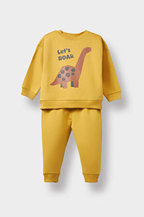 Erkek Bebek 2'li Takım Dinazor Baskılı Sweatshirt Eşofman Altı