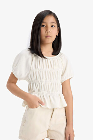 DeFacto Kız Çocuk Relax Fit Bisiklet Yaka Bürümcük Kısa Kollu Bluz C2209A825HSER105