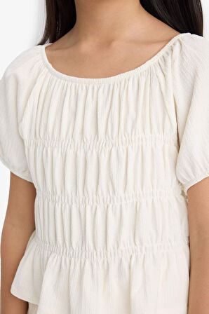 DeFacto Kız Çocuk Relax Fit Bisiklet Yaka Bürümcük Kısa Kollu Bluz C2209A825HSER105