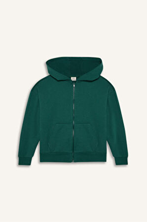 Kız Çocuk Kapüşonlu Basic Düz Cepli Fermuarlı Sweatshirt