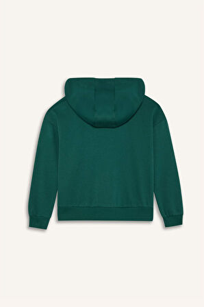 Kız Çocuk Kapüşonlu Basic Düz Cepli Fermuarlı Sweatshirt
