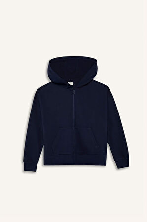 Kız Çocuk Kapüşonlu Basic Düz Cepli Fermuarlı Sweatshirt