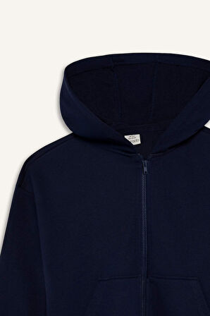 Kız Çocuk Kapüşonlu Basic Düz Cepli Fermuarlı Sweatshirt