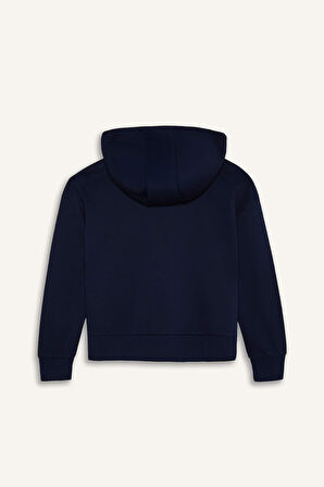 Kız Çocuk Kapüşonlu Basic Düz Cepli Fermuarlı Sweatshirt