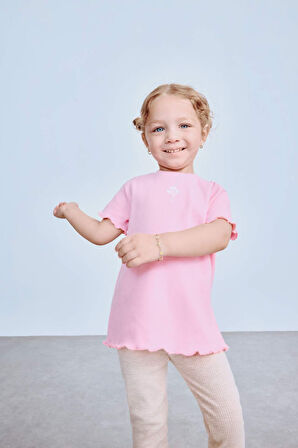 Kız Bebek Regular Fit Bisiklet Yaka Çiçekli Fitilli Kaşkorse Kısa Kollu Tişört