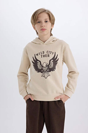 DeFacto Erkek Çocuk 2'li Takım Kapüşonlu Baskılı Kalın Sweatshirt Beli Lastikli Eşofman Altı E1931A824CWBG74