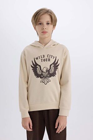 DeFacto Erkek Çocuk 2'li Takım Kapüşonlu Baskılı Sweatshirt Beli Lastikli Eşofman Altı E1931A824CWBG74