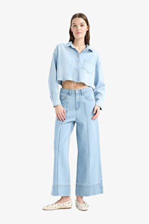 Cropped Fit Kesik Uçlu Yumuşak Jean Gömlek
