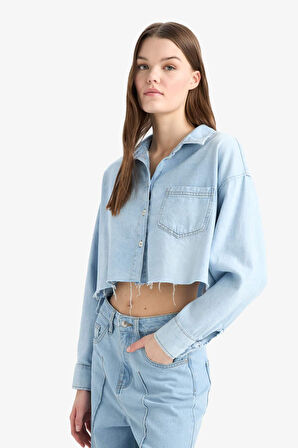 Cropped Fit Kesik Uçlu Yumuşak Jean Gömlek