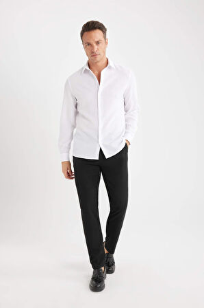 DeFacto Modern Fit Polo Yaka Dokuma Uzun Kollu Beyaz Gömlek D7246AX25SPWT34