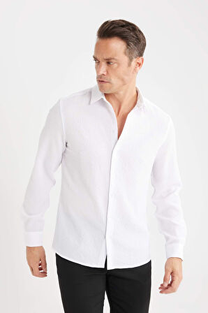 DeFacto Modern Fit Polo Yaka Dokuma Uzun Kollu Beyaz Gömlek D7246AX25SPWT34