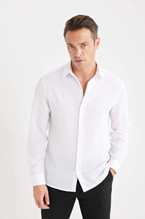 DeFacto Modern Fit Polo Yaka Dokuma Uzun Kollu Beyaz Gömlek D7246AX25SPWT34