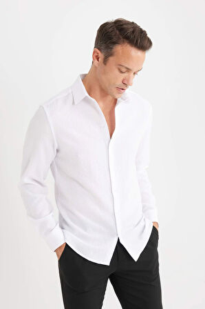 DeFacto Modern Fit Polo Yaka Dokuma Uzun Kollu Beyaz Gömlek D7246AX25SPWT34