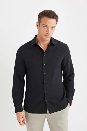 DeFacto Modern Fit Polo Yaka Dokuma Uzun Kollu Siyah Gömlek D7246AX25SPBK27