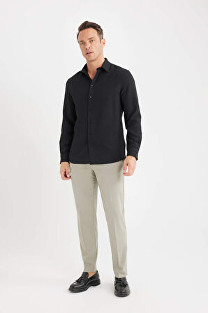 DeFacto Modern Fit Polo Yaka Dokuma Uzun Kollu Siyah Gömlek D7246AX25SPBK27